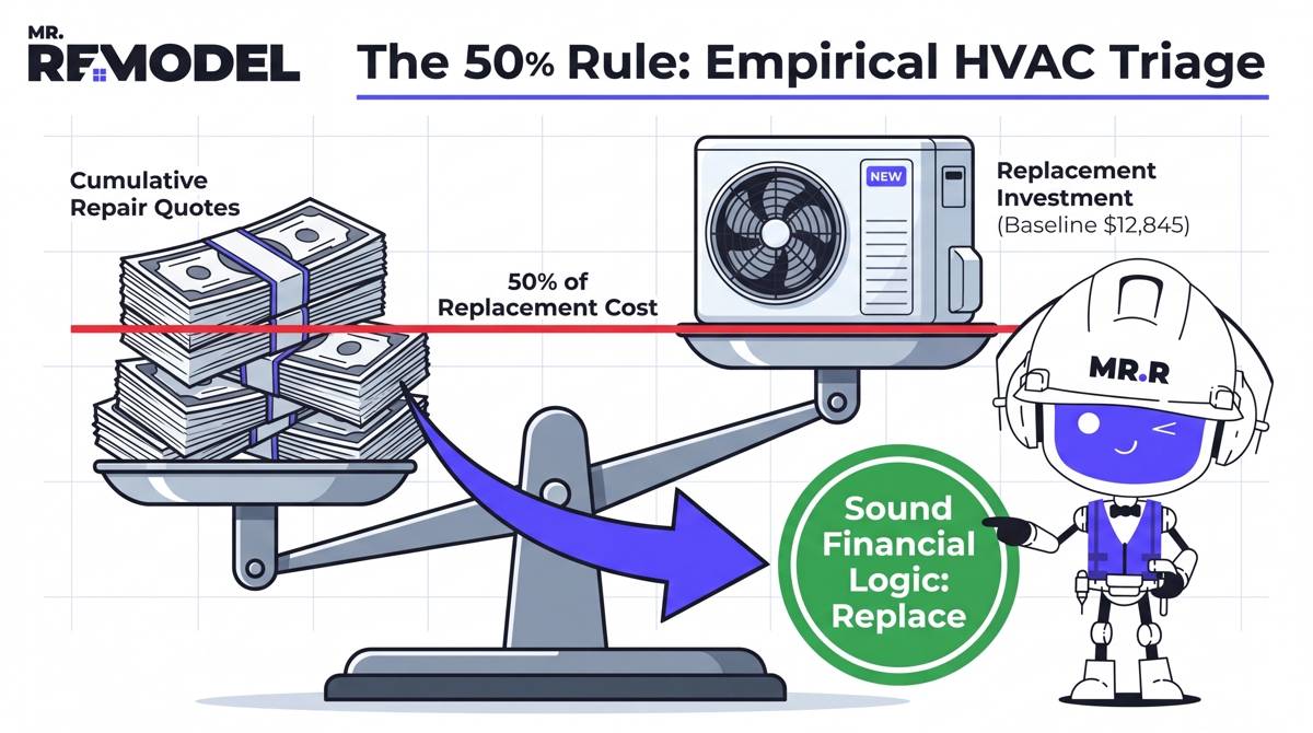 A simple, powerful infographic visualizing the core decision point. It shows a mechanical balance scale. On the left pan: A large pile of money labeled "Repair Costs." On the right pan: A new HVAC unit labeled "Replacement Cost." A red threshold line is drawn at 50% of the replacement cost. The visual clearly shows the "Repair Costs" pan tipping the scale, triggering an arrow pointing to a green badge labeled "Sound Long-Term Investment: Replace."